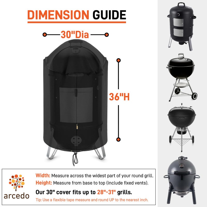 Arcedo Round Bullet Smoker Cover for Outside 30 Inch, Vertical Charcoal Kettle Joe Smoker Cover, Outdoor Electric Grill Dome Cover Heavy Duty Waterproof Compatible with Wber Charbroil Cuisinart - Image 3